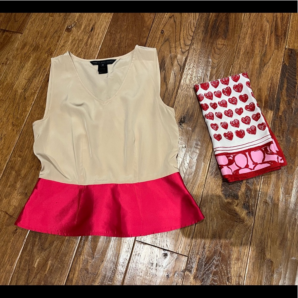 Marc by Marc Jacobs Cream/Pink Peplum Blouse, XS